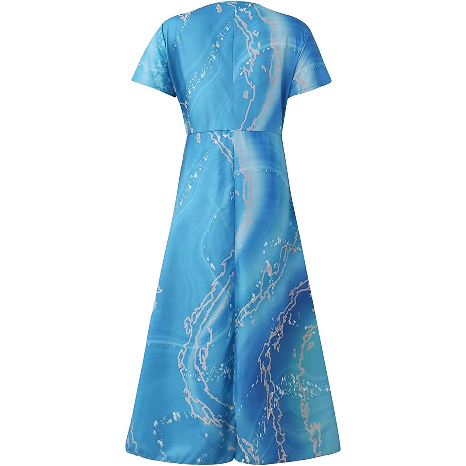 zanvin Clearance Vente Femmes Robes d Ete Robes d Ete pour les Femmes Impression Florale Manches Courtes V Robe de Cou Plissee Robes Fluides Bleu