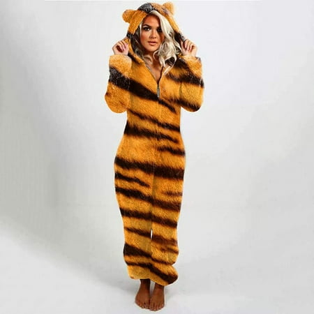 

Tuscom Leopard Hoody Onesie Pajamas For Women Women Winter Zipper Up Long Sleeve Plush Daily Animal Pattern One Piece Jumpsuit Apply To Holiday Rest Party Cosplay Gift For Her