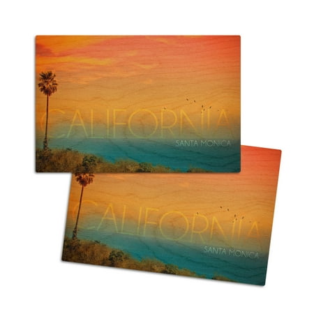 

Santa Monica California Sunset and Bird (4x6 Birch Wood Postcards 2-Pack Stationary Rustic Home Wall Decor)