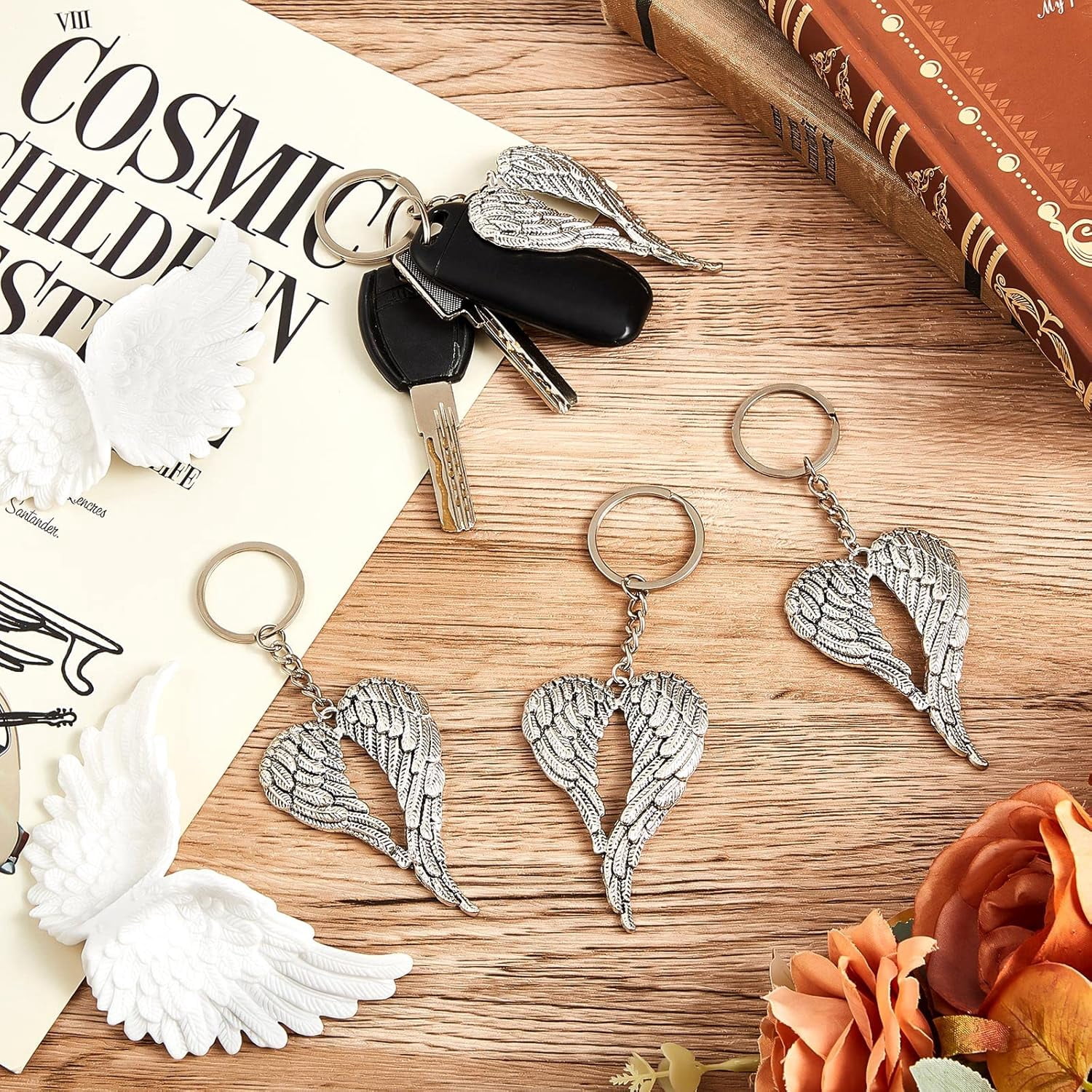 ABPETE 28 Pack Angel Keychains Bulk for Jewelry Making angel wings Key Rings for Craft charm funeral Keychain favors Memorial Pendant Funeral Favor for Bags Car Art Wedding DIY Craft