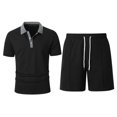 thumbnail image 4 of hotojiny Men's 2 Pieces Summer Outfits Stylish Color Block Button Collared Shirt and Shorts Set for Golf Beach Clothes(Black,Medium), 4 of 5