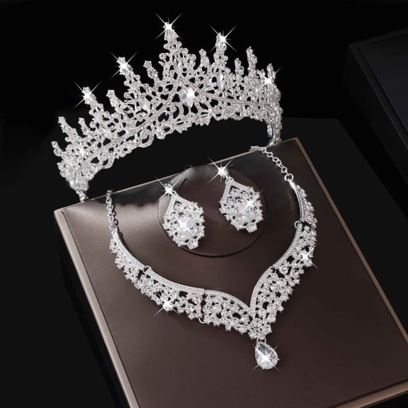 Silver Alloy Rhinestone Jewelry 3-Piece Set, Tiaras and Crowns Necklace & Drop Earrings For Womens, Box Packed Formal Accessories for Wedding, Birthday, Evening Party & Prom