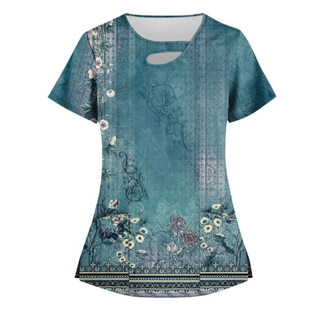 

BIZIZA Maternity Scrub Top Casual Short Sleeve V Neck Workwear Plus Size with Two Pocket Floral Graphic Casual Tops for Women Trendy Royal Blue 2XL