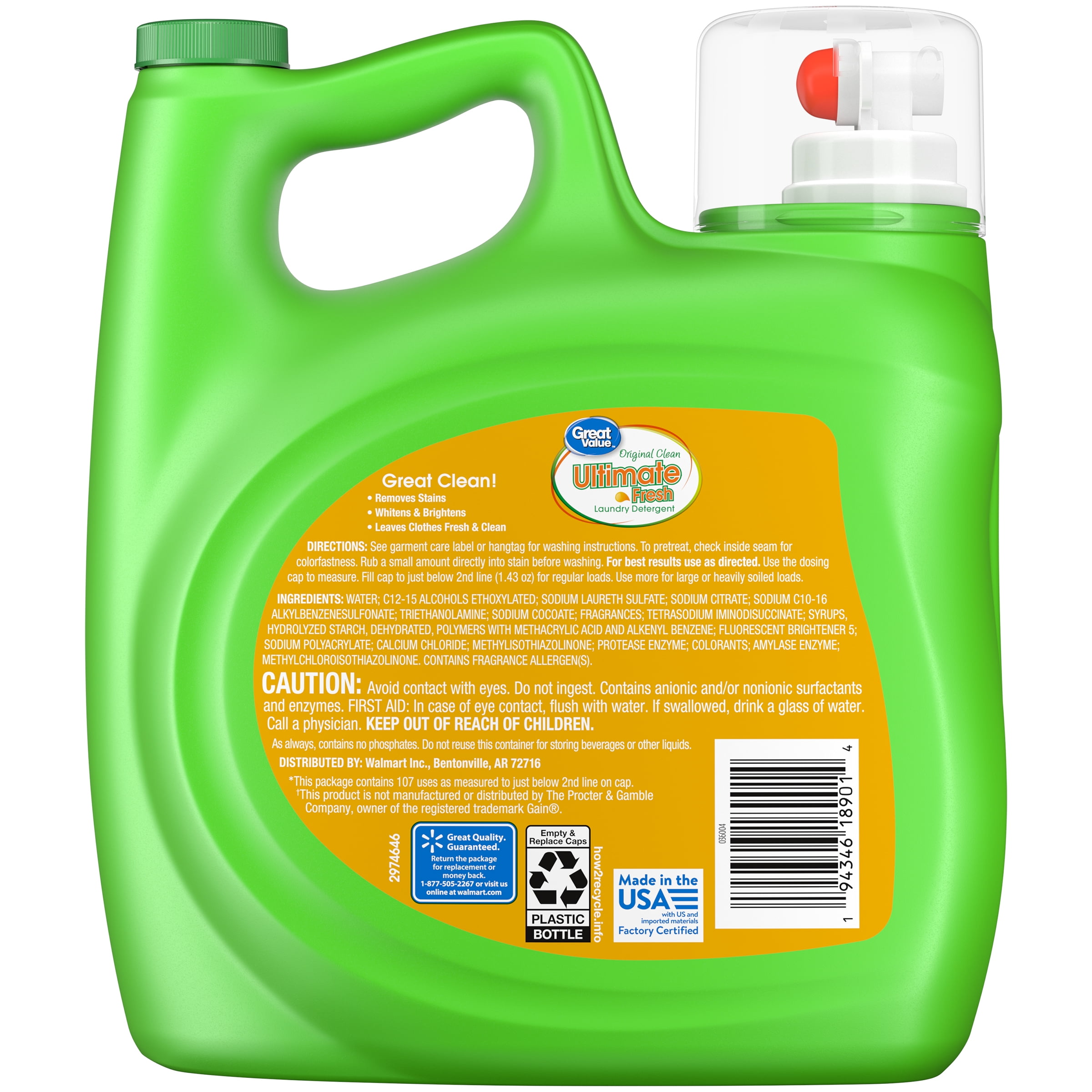 (4 pack) Great Value Ultimate Fresh Laundry Detergent, Original Clean, 154 fl oz, 107 Loads