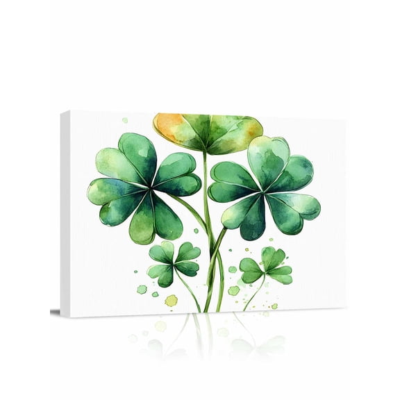 St. Patrick's Day Canvas Print Wall Art Watercolor Shamrock Spring Plant Pictures Painting Morden Artwork for Living Room Bedroom, Ready to Hang - 12"x16"