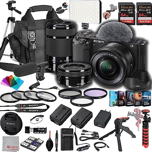 Sony ZV-E10 Mirrorless Camera with 16-50mm   55-210mm Lenses, 128GB Extreem Speed Memory,Microphone, 120 LED Video Light, Tripod, Spare Battery & Charger -Deluxe Bundle