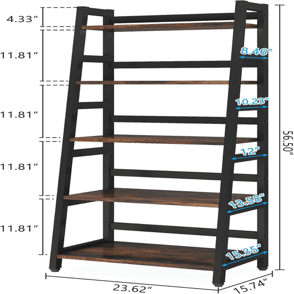 5-Tier Vintage Ladder Bookshelf, 50lbs/Shelf, Thick Particle Board & Metal Frame, Multi-Functional for Living Room, Office