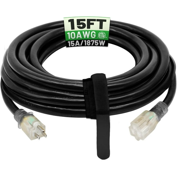 Cable de extensión POWGRN de 15 pies, calibre 10, 3 puntas, 15 A, 1875 W, negro
