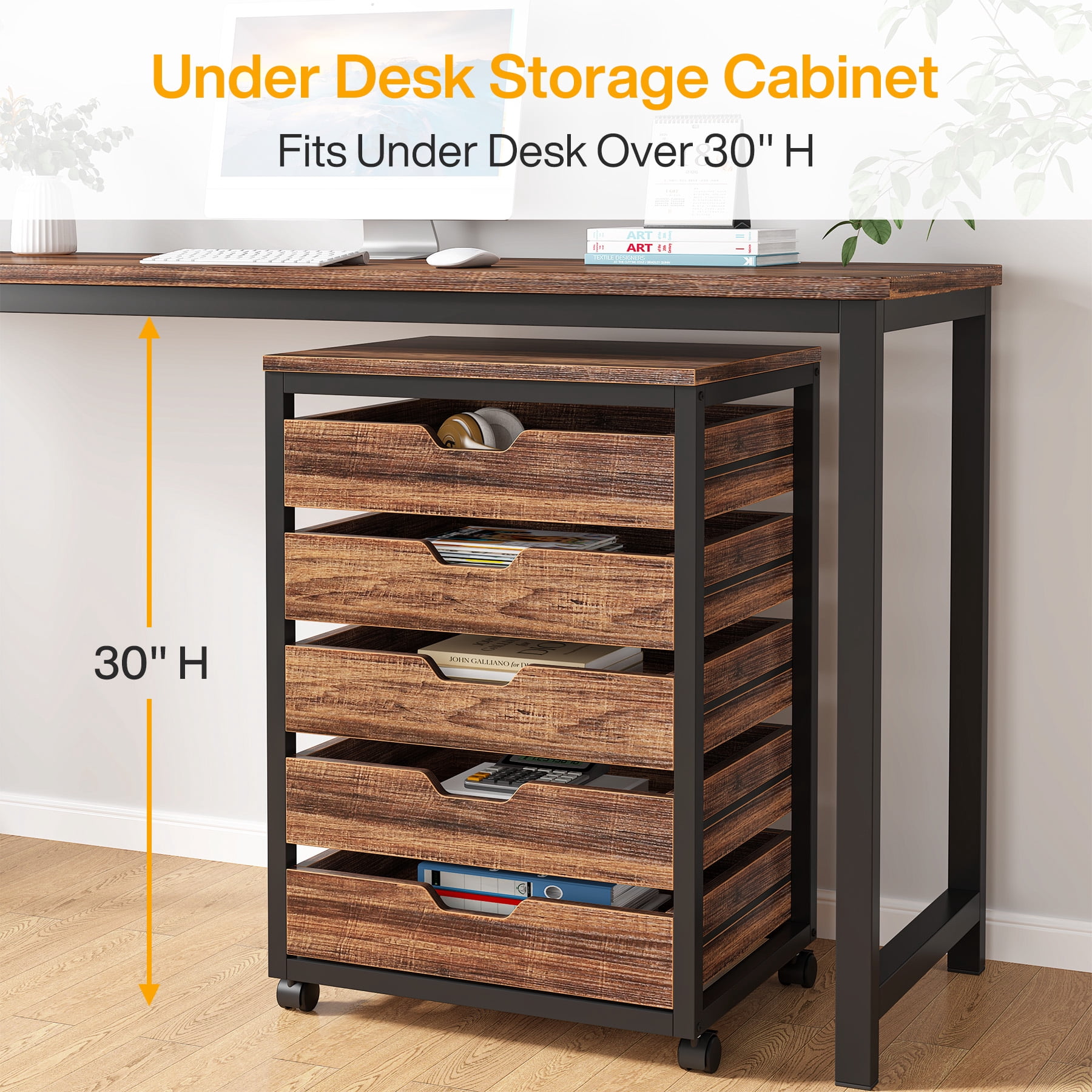 Tribesigns Industrial 5-Drawer File Cabinet, Wooden Mobile Lateral Filing Cabinet with Storage Drawers and Wheels for Home Office, Rustic Walnut