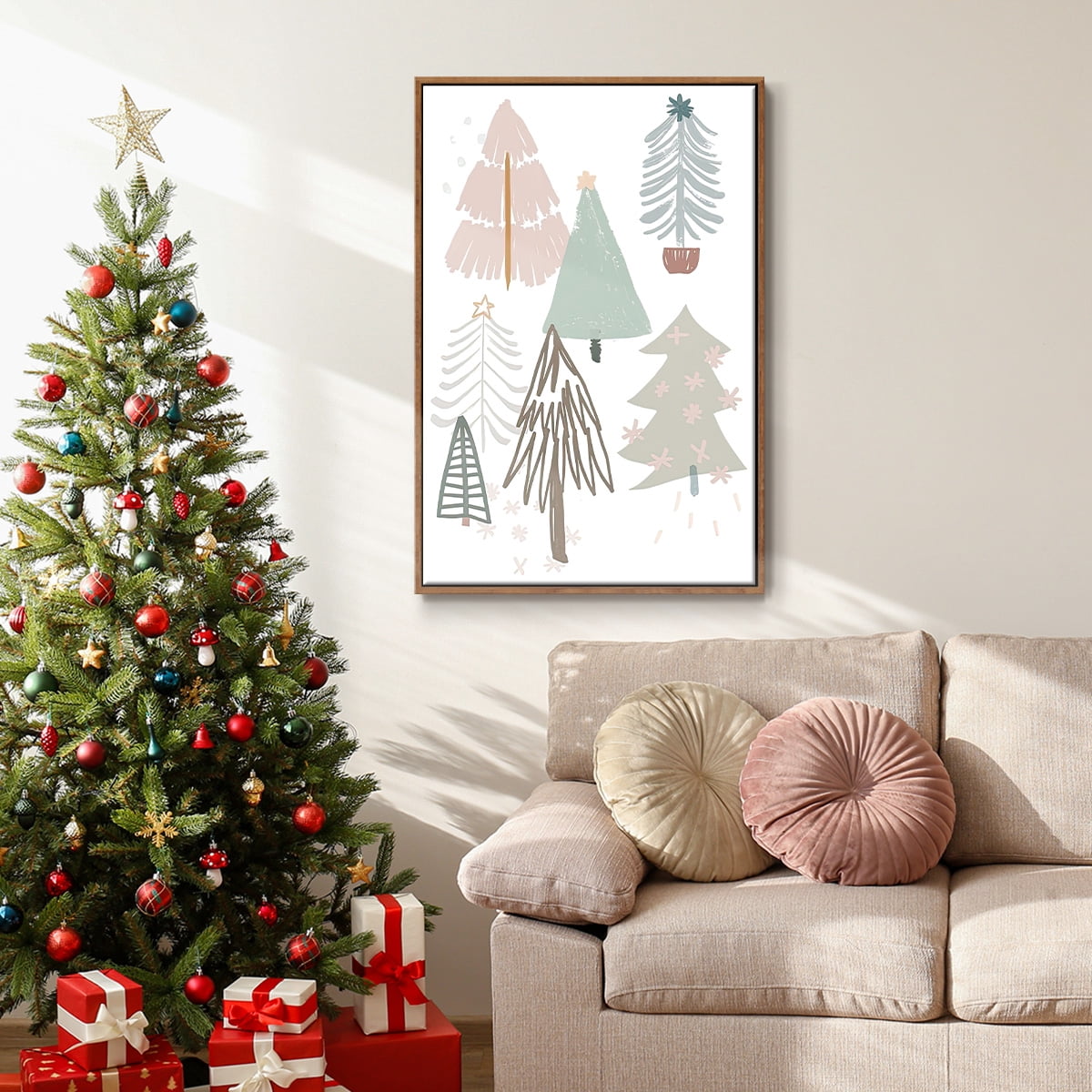 Christmas Tree Sketchbook Collection B - Framed Gallery Wrapped Holiday Canvas - 17 x 25 - Rosewood Frame