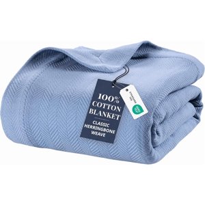 King Size 100% Cotton Herringbone Weave Blanket Light Blue