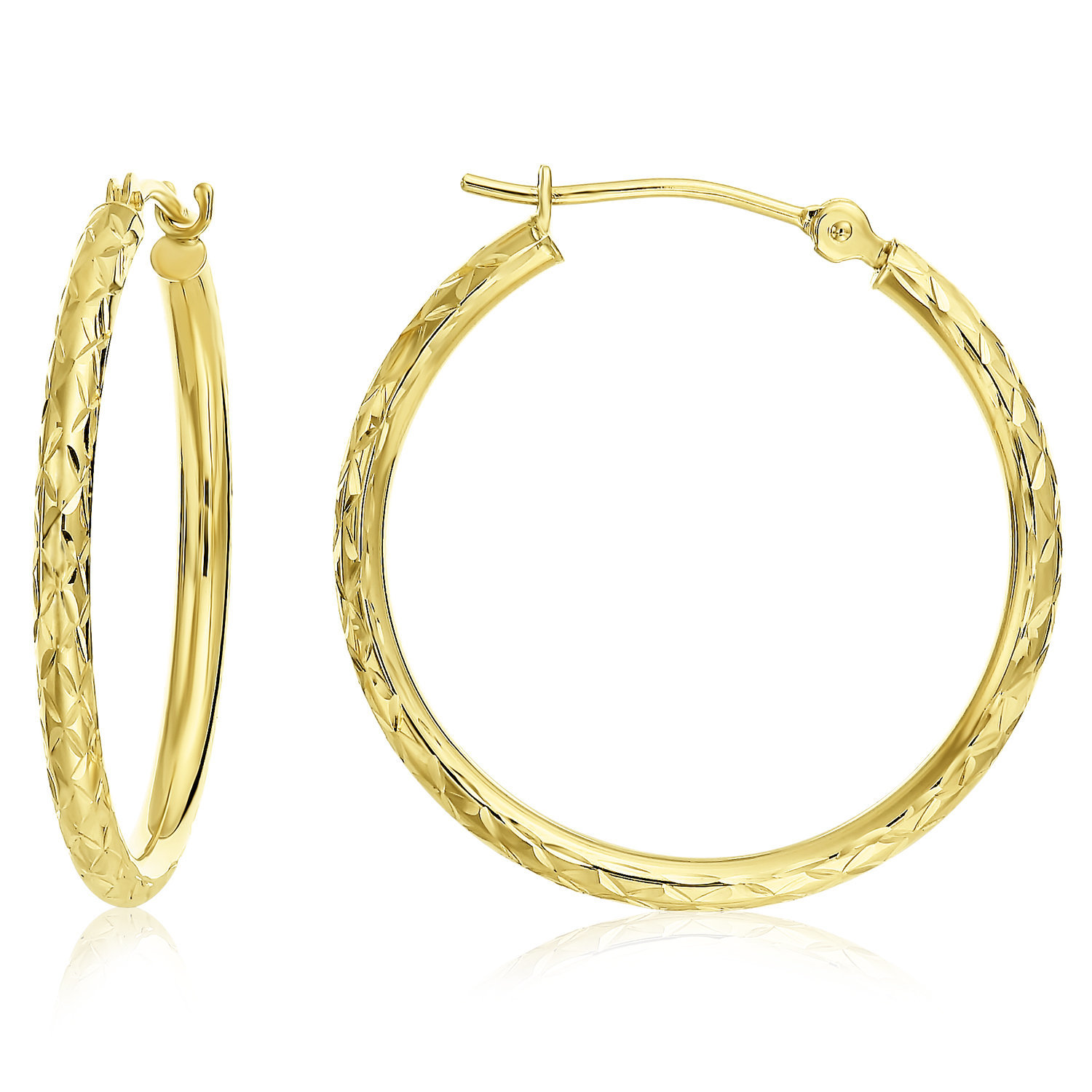 Tilo Jewelry 14K Yellow Gold Diamond-Cut Engraved Round Hoop Earrings for Women & Unisex | X-Pattern Design | 25mm - 1 Inch