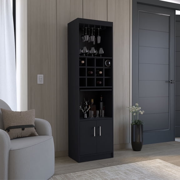 Wooden Cabinets, Pisek Bar Cabinet 5-Tier, Wine Cabinet, Liquor Cabinet, 12 Bottle Cubbies, 5 Shelves, Black, Black Living Room Cabinets,Engineered Wood Cabinets With Doors