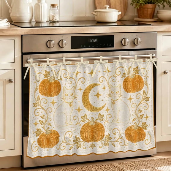 Oven Skirt Curtain for Kitchen 20x27 Inch, Orange Pumpkin Oven Curtain with 8 Ribbon Ties & Ruffle Trim, Stove Skirt Curtain Dishwasher for Cabinets Over Sinks Fall Halloween Cats Moon Stars Boho