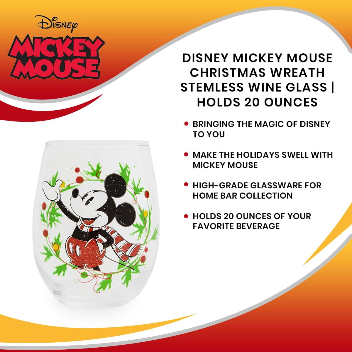  Disney Mickey Mouse Christmas Wreath Stemless Wine Glass