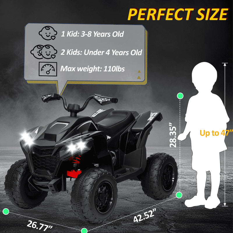Kids ATV 4 Wheeler, 24V 2 Seater Electric ATV Quad w/4WD Motor, Protective Gear Set, Bluetooth, LED Lights, Spring Suspension, Battery Powered Ride on Toys for Big Kids, Boys, Girls, Christmas, Black