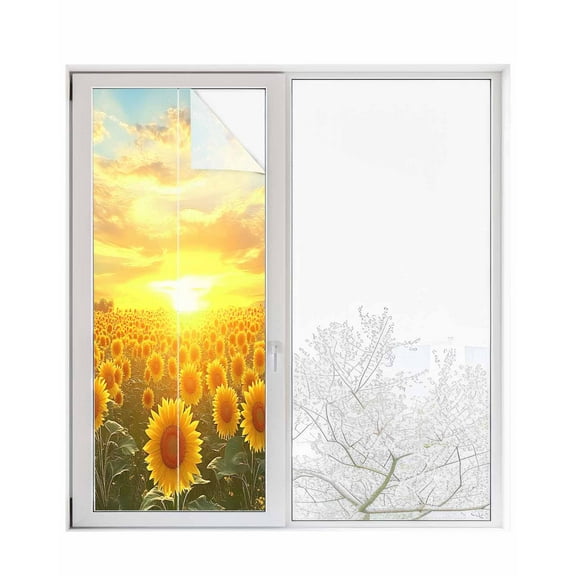 Window Privacy Film Yellow Sunflowers Stained Glass Window Film Decorative Sun Block Window Cover Farmhouse Botanical Floral Sunset Window Clings Static Adhesive Sticker for Bathroom 29.5"x78.7"