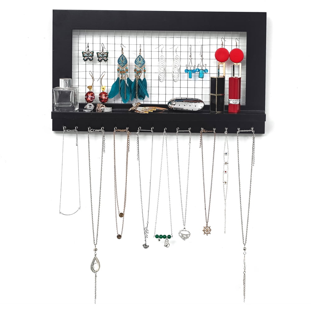 Wall Mounted Jewelry Organizer, Rustic Jewelry Holder for Necklaces, Earrings, Black