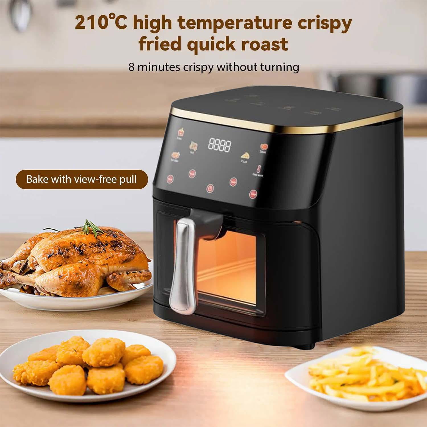 PDstation Air Fryer 10L Max 450F for Cooking, 6 Presets Fry Touch Panel Easy View Window, Dishwasher-Safe Basket, Customized Temp/Time, Fries, Chicken, Meat, Fish,New Black