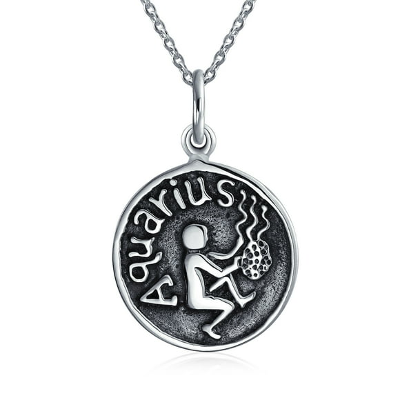 Aquarius Zodiac Sign Astrology Horoscope Round Medallion Pendant for Men Women Necklace Antiqued Sterling Silver