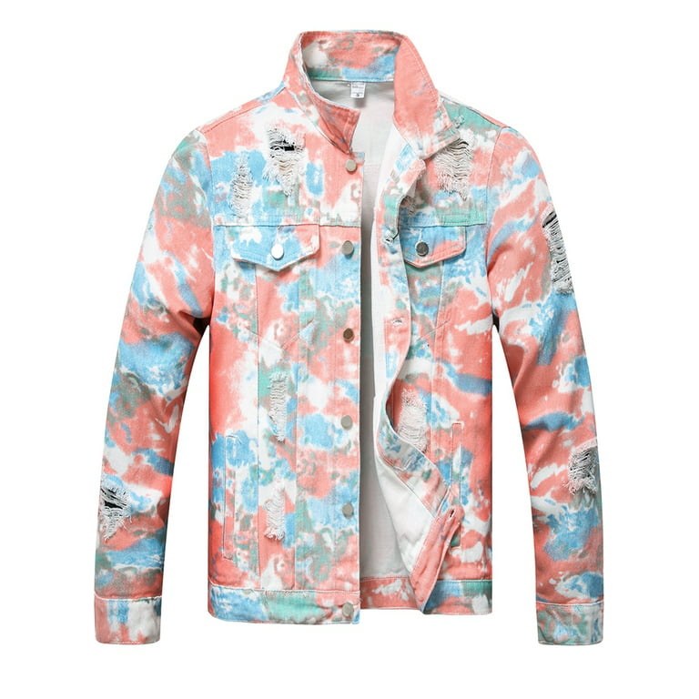 Men Denim Jacket Ripped Jean Coat Distressed Top Outerwear,Pink,XXL