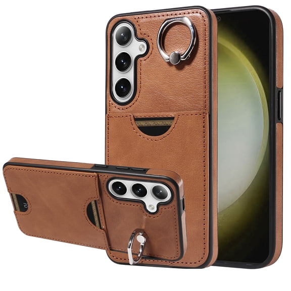 Case for Samsung Galaxy S23 Wallet with Credit Card Holder & Finger Ring Stand, PU Leather Slim Cover Shockproof Scratch Resistant Full Protection Case for Samsung Galaxy S23, Brown