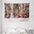 thumbnail image 1 of Winter Tapestry, Traditional Cute Cloth Christmas Inspired Figures Rustic Wooden Planks Vintage, Wall Hanging for Bedroom Living Room Dorm Decor, 80W X 60L Inches, Brown White Pink, by Ambesonne, 1 of 2