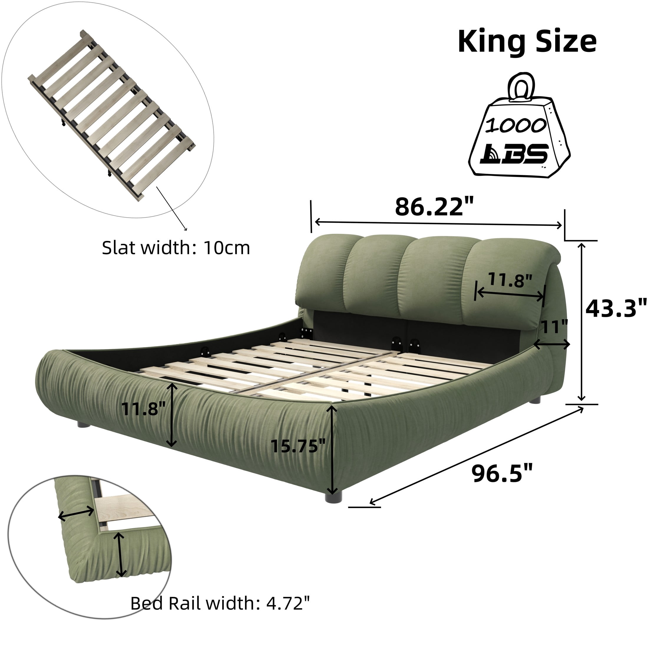 Noble House Rowen King Size Luxury Upholstered Platform Bed, Ergonomic Padded Cloud Headboard, Green