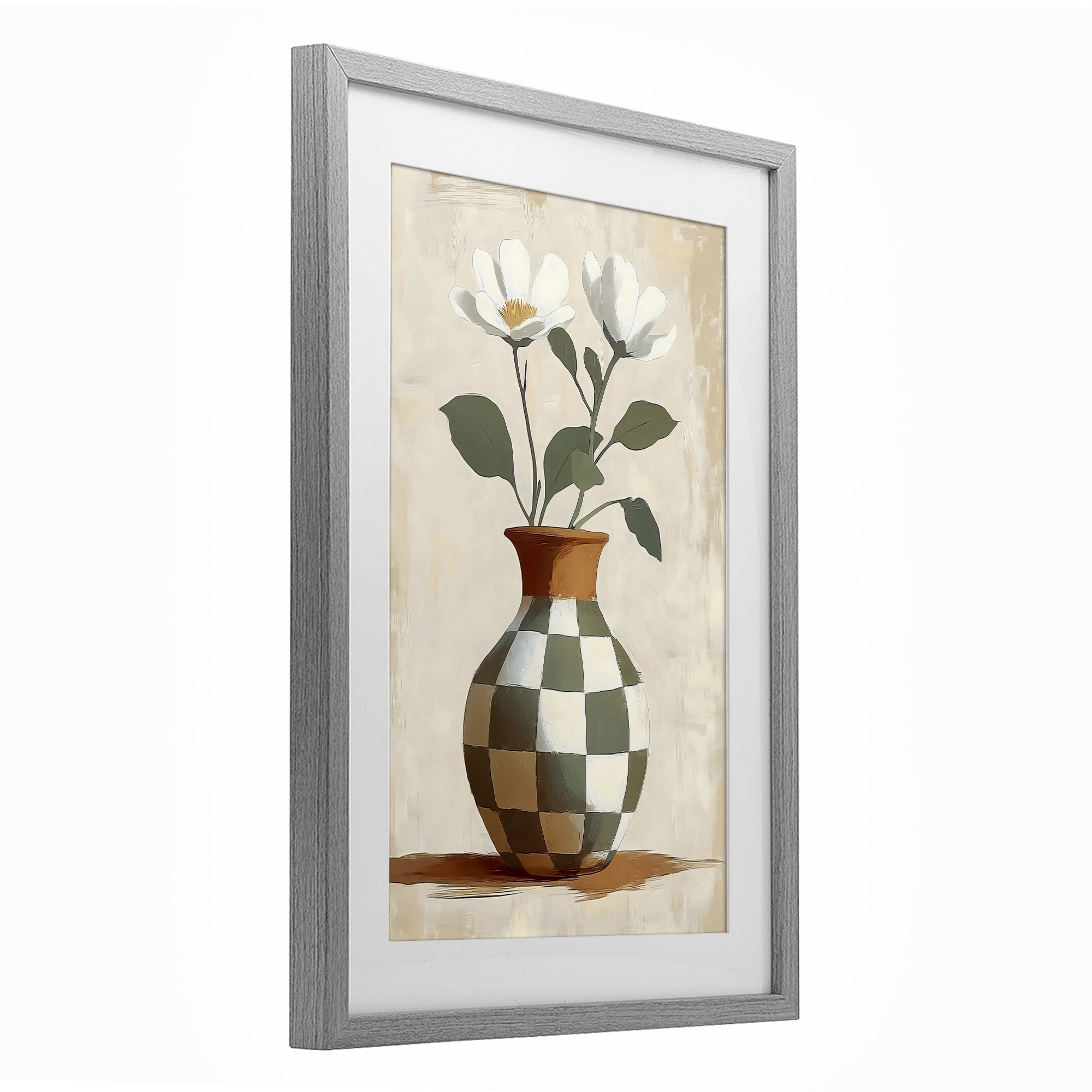 Stupell Industries Checkboard Green Flower Vase Gray Framed Print Under Glass, design by Creative Studio