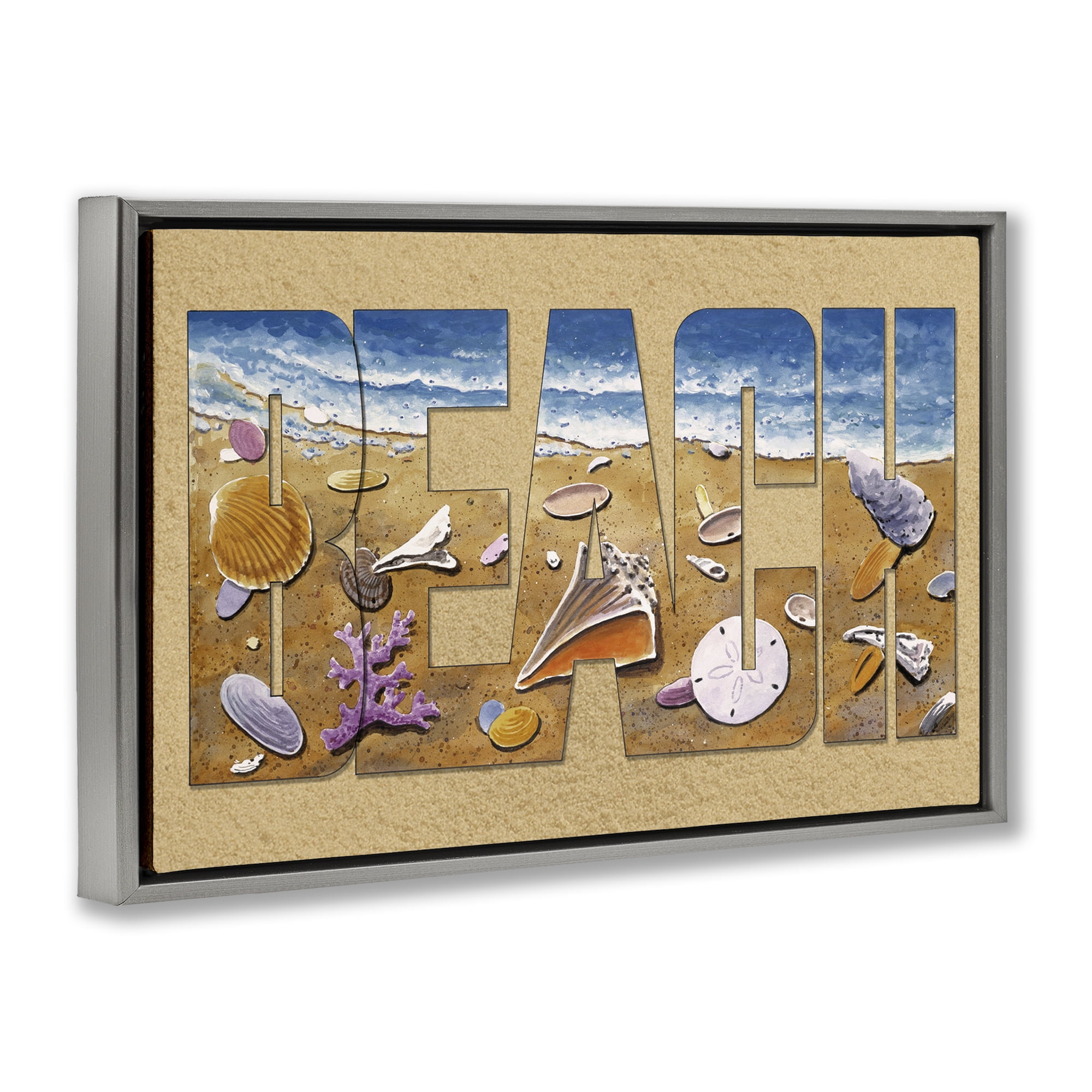 Stupell Industries Outlined Beach Letters Nautical & Beach Painting Gray Floater Framed Canvas Art Print Wall Art, 31 x 21