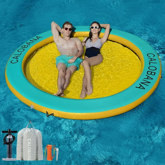 Water Hammock (8' Circle) Mint Green+YellowRound Floating Ring Inflatable Water Hammock Heavy Duty River Floats Lake Raft for Adults Tanning Pool Lounger Float Island Platform Pad Mat for Party