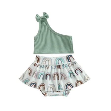 

2PCS Baby Girls Summer Outfits One Shoulder Solid Color Tank Tops + Skirt Shorts Set