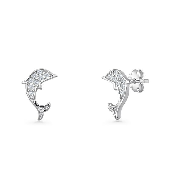 Dolphin Stud Earrings CZ 925 Sterling Silver 10mm