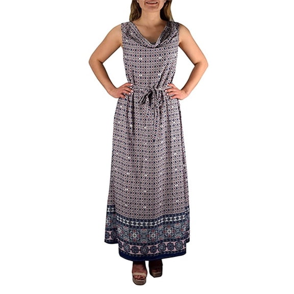 Peach Couture WomenÃ¢??s Elegant Tribal Border Floral Design Maxi Summer Dress (Blue & Burgundy, Medium)