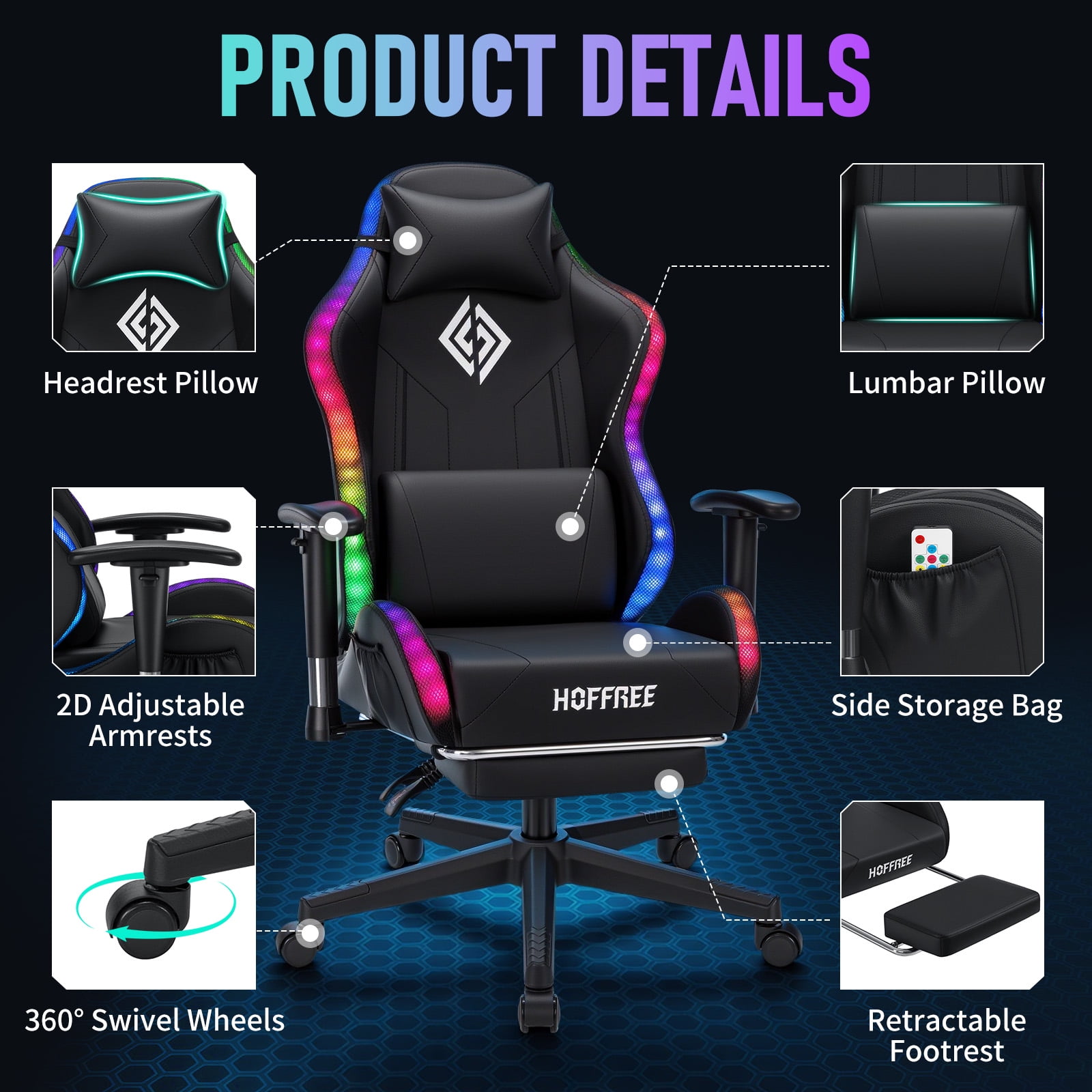 Hoffree LED Gaming Chair for Kids 8-14 Gaming Chairs for Teens with Adjustable Headrest and Lumbar Support Ergonomic PU Leather Kids Gaming Chair with Led Lights