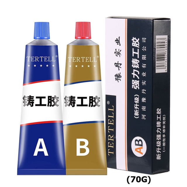 casting metal reparación pegamento adhesivo 2 pcs sodidad líquida industrial multifunción para plásticos duros y cerámica tubos A y B frontales; tubo A azul y tubo B dorado con tapas roscadas roja y azul, etiquetas TERTELL y caracteres chinos, caja negra vertical con logo AB y leyenda que indica 70 g. Impreso A:B=1:1 y tiempo de curado 3–10 min; a menudo usado para reparar metales, cerámica y plásticos en aplicaciones industriales y domésticas.