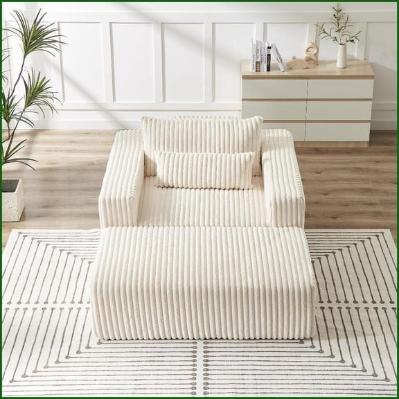 75-Inch Modern Corduroy Sofa | Off-White | Cushion Back | Removable Footrest & No Assembly for Living Room Bedroom