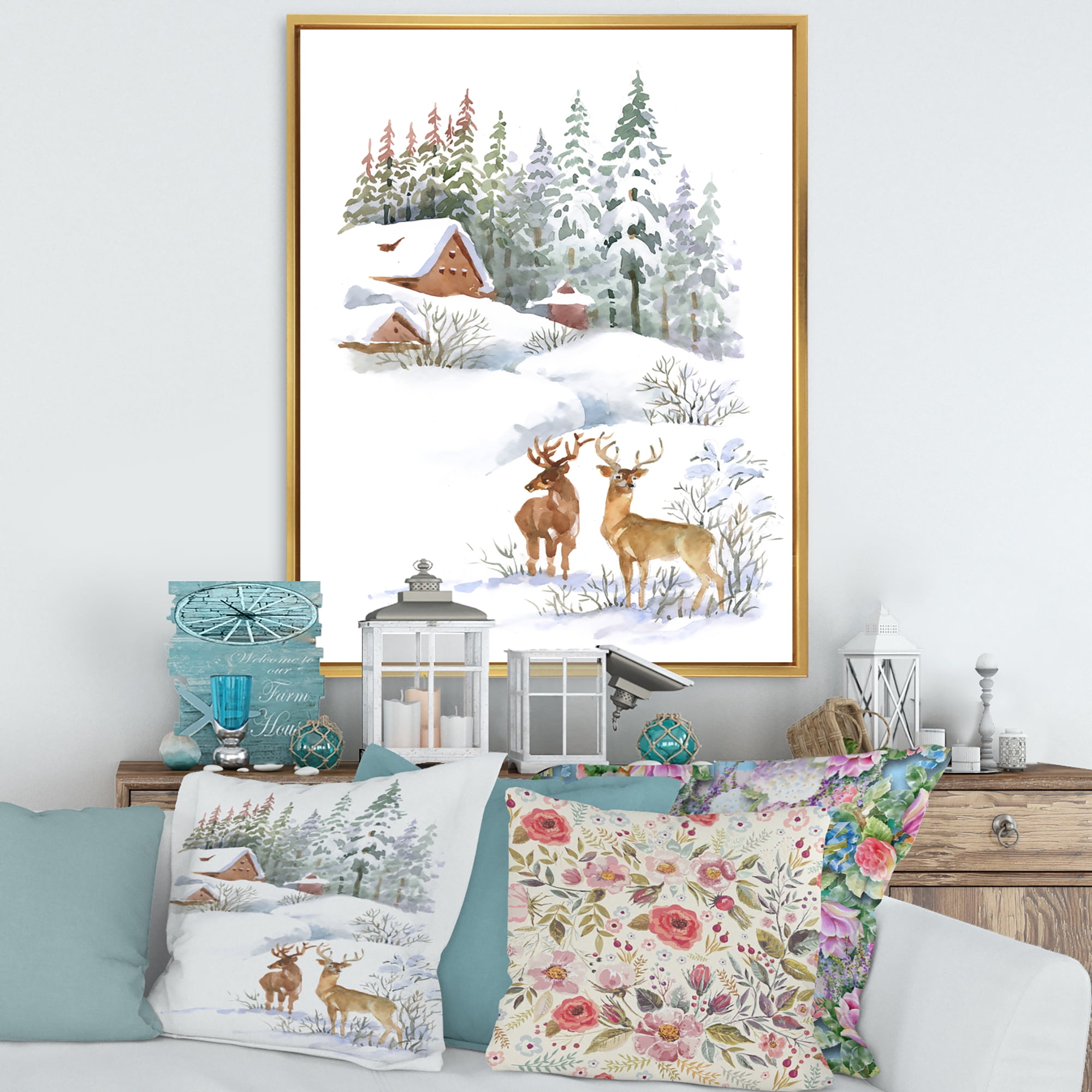 Designart 'Two Deers With Winter Cottage' Farmhouse Framed Canvas Wall Art Print