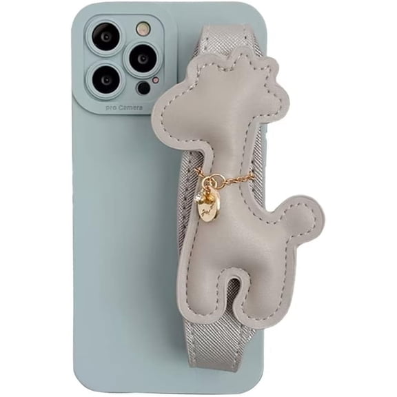 Blue Phone Case with Cute 3D Grey Giraffe Wristband Stand, Camera Lens Protection, Shockproof Silicone Soft Case for iPhone 13 Pro Max
