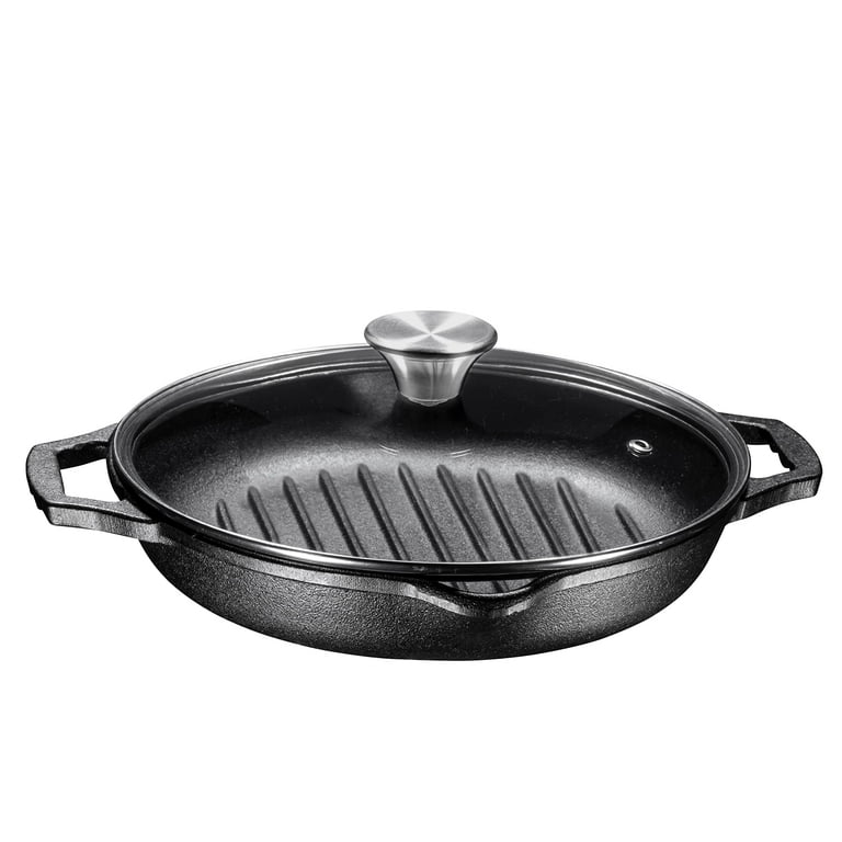 Bruntmor Enameled Cast Iron Skillet with Glass Lid | 10 Inch Deep Round  Grill Pan and Frying Pan with Double Loop Handles | Black | Flat Cast Iron