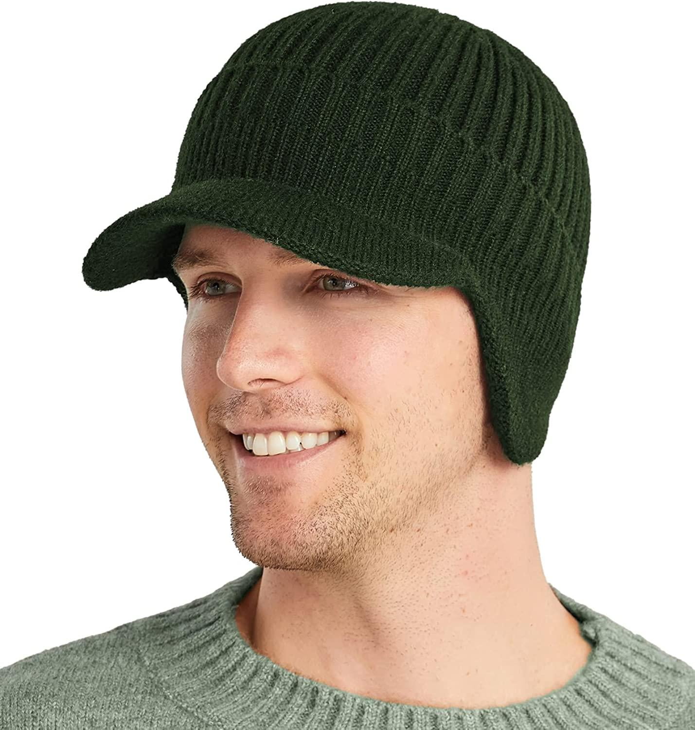 Men's Winter Visor Hat Beanie Hat with Earflaps Knitted Baseball