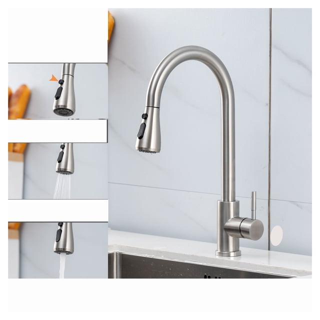 Kitchen Faucets Brushed Nickel Pull Out Kitchen Sink Water Tap Mixer 360 Rotation Stream Sprayer Head Hot Cold Taps For Kitchen ,Built To Last
