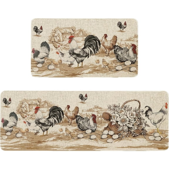 Farmhouse Kitchen Rugs Set of 2 Non-Slip Farmhouse Rooster Kitchen Mats for Floor Rustic Low-Profile Washable Home Decor Rug 17x47 Inch and 17x29 Inch