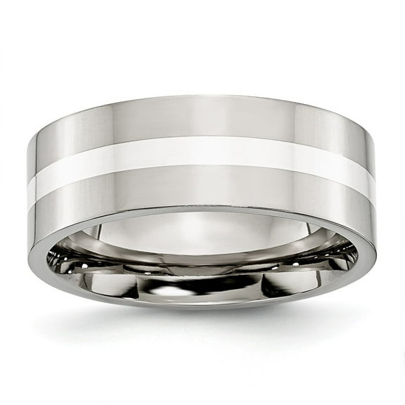 Stainless Steel Sterling Silver Inlay Flat 8mm Polished Band Ring - Size 12