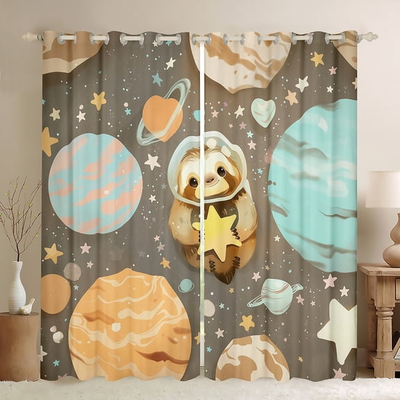 Castle Fairy Cute Animal Sloth Black Out Curtains for Preppy Child,Galaxy Planet Curtains Pack of 2 (42x63 Each),Starry Sky Bedroom Curtains,Gradient Home Decor