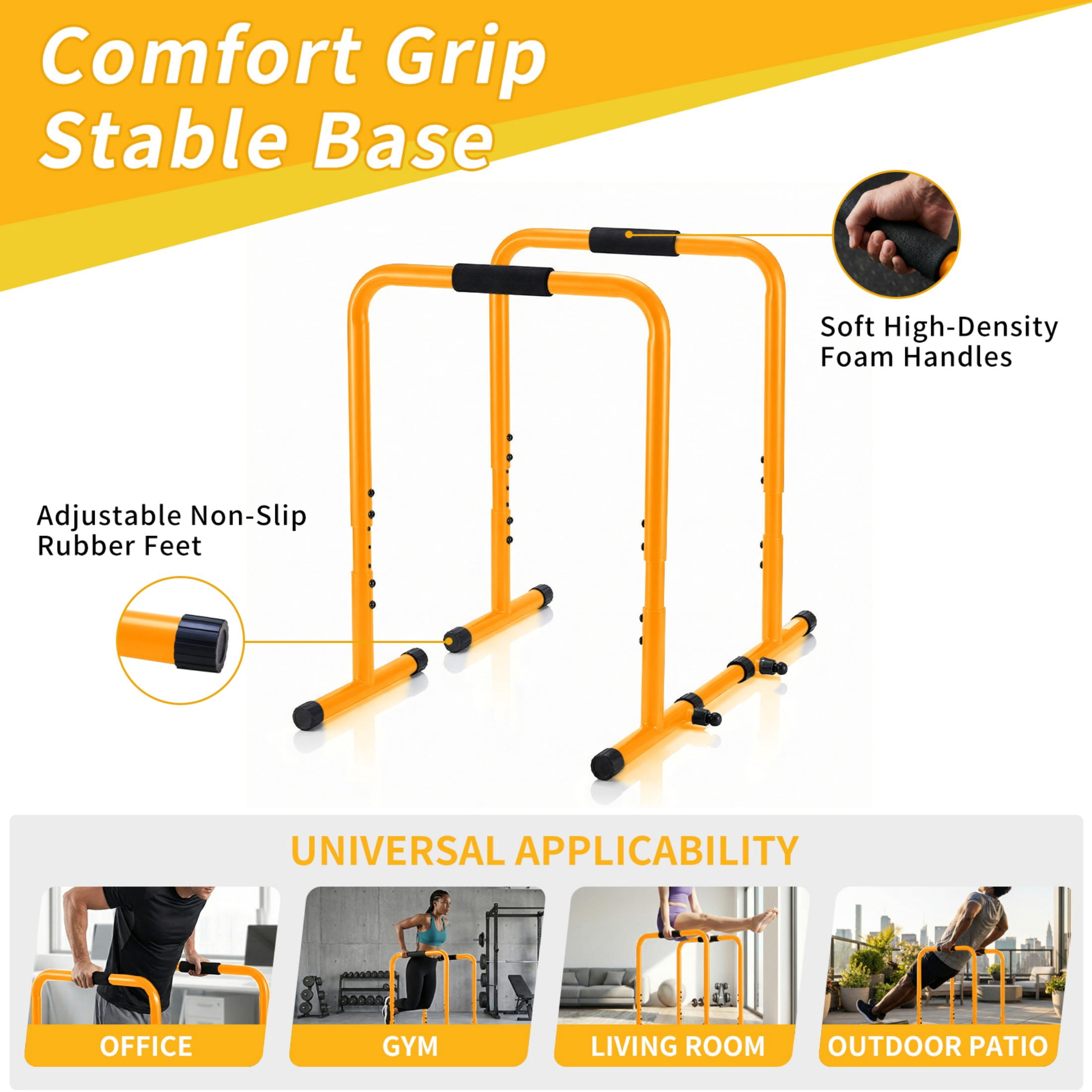 SHOUFTW Dip Stand & Doorway Pull Up Bar, Heavy Duty Adjustable Station with Foam Handles for Home/Gym/Office/Patio, Yellow