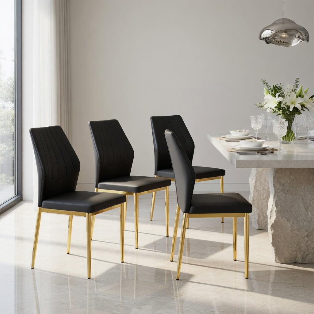Hommoo 4-Pack Dining Chairs, Ergonomic PU Leather with Sturdy Metal Frame, 37" Height, Easy-Clean Modern Design for Home or Restaurant, Black & Gold