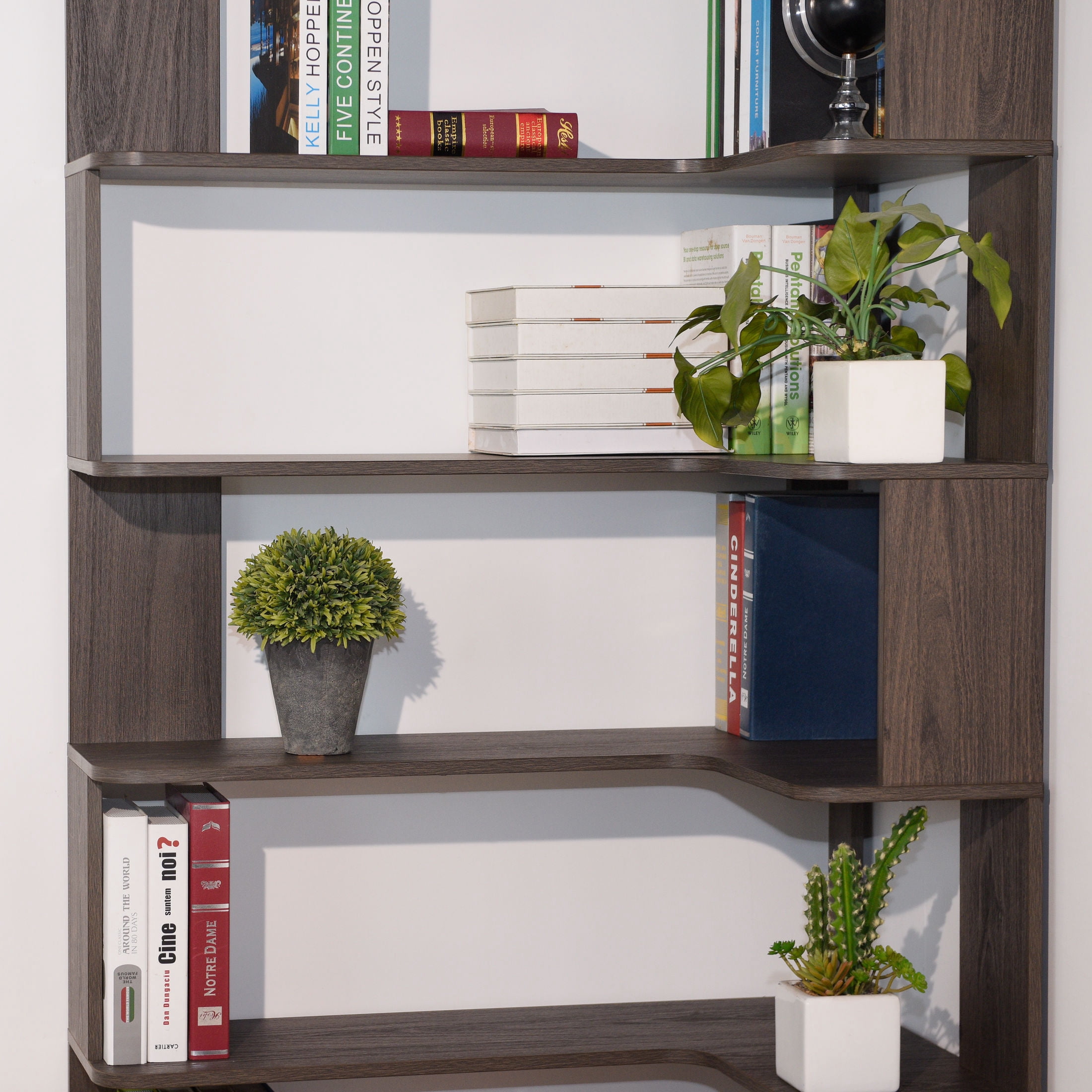 GDF Studio Derwin 5-Tier Corner Bookshelf, L-Shaped Wooden Bookcase for Living Room, Home Office, Dark Brown