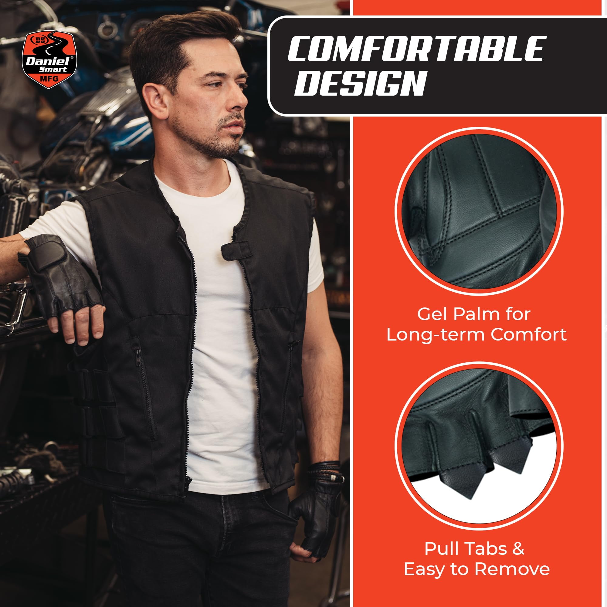 Daniel Smart Deerskin Leather Gloves – Fingerless Men Motorcycle Gloves with Gel Palm and Wrist Strap