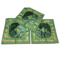 Mogul Set Of 3 Square Silk Cushion Cover Indian Sari Border Boho Green Toss Pillow Cases 16x16